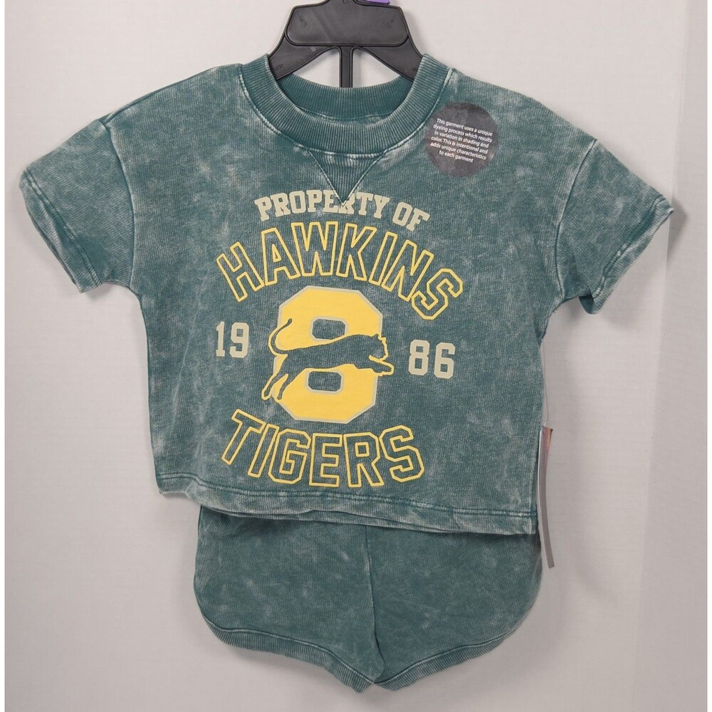 Stranger Things Hawkins High Tigers Green Acid Wash Short Set 2pc NWT Size 12M
